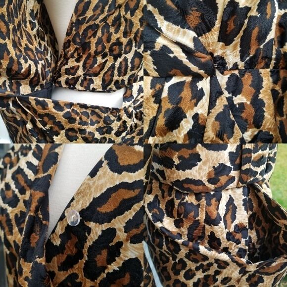 Vintage 80s Retro Pin Up Girl Animal Print Leopard Silk Midi Pencil Dress 4 - Picture 10 of 11